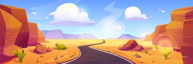 Kostenloser Vektor canyon-wüstenlandschaft mit straßenperspektive vektor-cartoon-illustration eines sandigen tals mit kakteen und felsigen steinwänden unter blauem himmel mit wolken, sonneneruptionen, sommerreise in die westliche wildnis