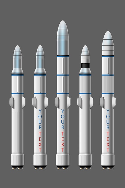 Cartoon-Abbildung Rakete Start isolierten Satz. Weltraummissionsraketen mit Rauch. Illustration im flachen Stil