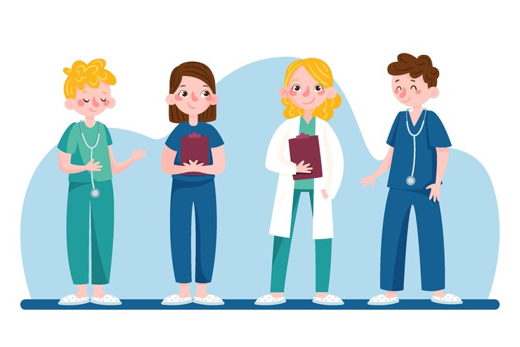 Kostenlose Vektor cartoon ärzte und krankenschwestern gruppe