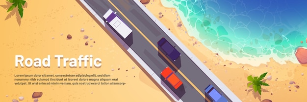 Cartoon-banner für den straßenverkehr mit autos draufsicht gerade zweispurige autobahn entlang des meeresstrandes mit sand und palmen overhead-hintergrund mit fahrzeugen, die auf asphaltwegen fahren vektor-illustration