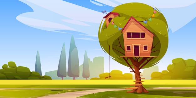 Kostenloser Vektor cartoon-baumhaus im grünen park