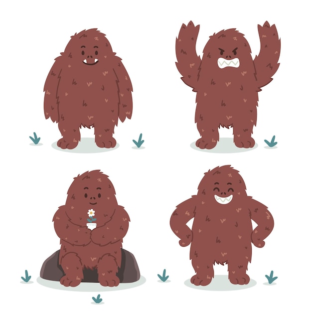 Kostenloser Vektor cartoon bigfoot sasquatch charakterpaket