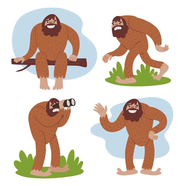 Kostenloser Vektor cartoon bigfoot sasquatch charaktersammlung