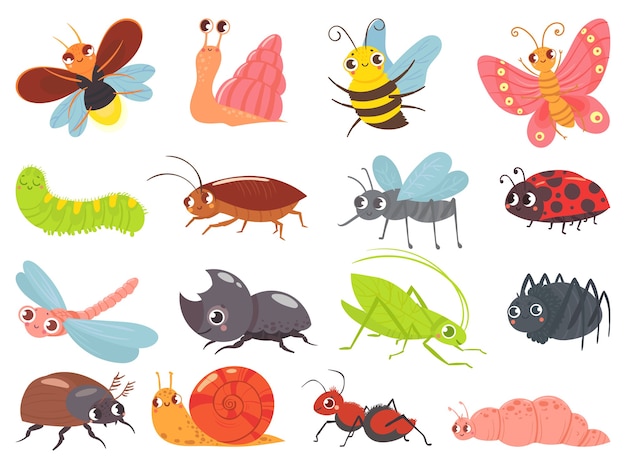 Cartoon Bugs. Baby Insekt, lustiger glücklicher Käfer und niedlicher Marienkäfer
