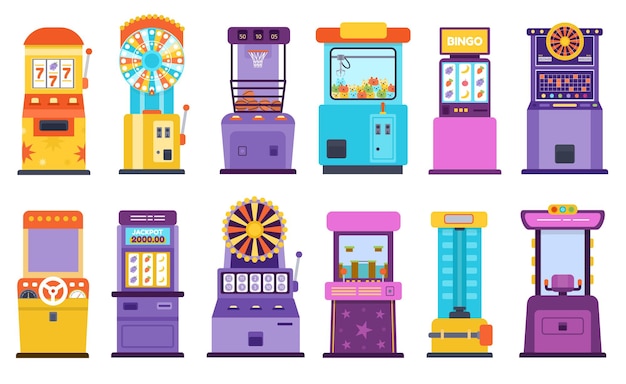 Cartoon-casino-spielautomaten und glücksräder. arcade-rennspiel, hoher stürmer und spielzeugklaue. jackpot-gewinnmaschine vektor-set. illustration der casino-unterhaltungsmaschine