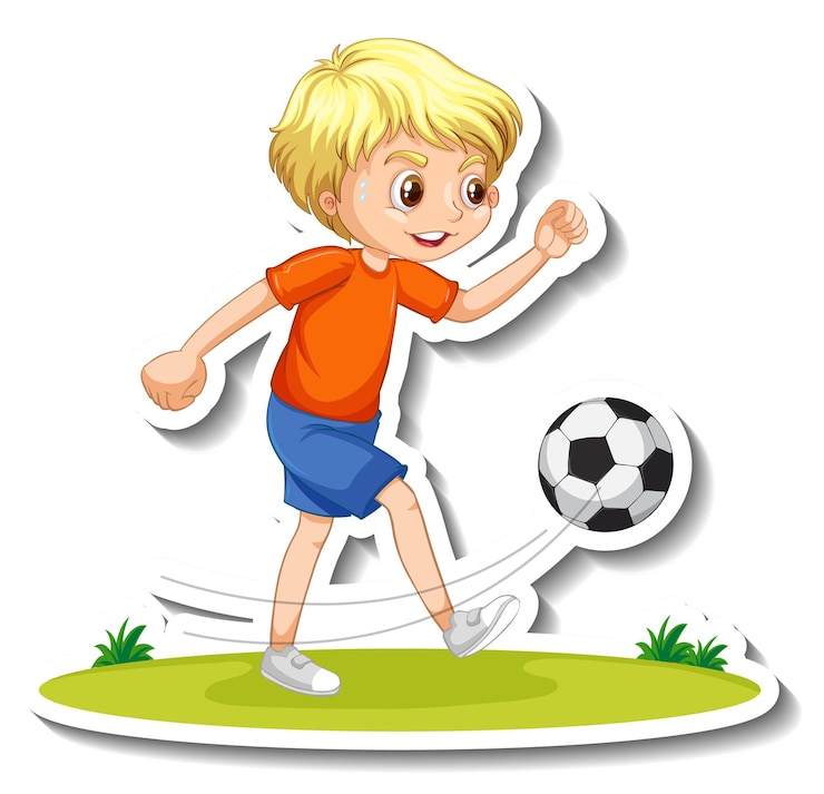 Kostenlose Vektor cartoon-charakter-aufkleber mit einem jungen, der fußball spielt