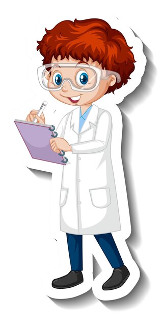 Cartoon-charakter-aufkleber mit einem jungen im wissenschaftsgewand