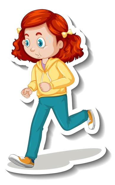 Kostenloser Vektor cartoon-charakter-aufkleber mit einem mädchen, das auf weißem hintergrund joggt