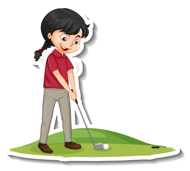 Kostenloser Vektor cartoon-charakter-aufkleber mit einem mädchen, das golf spielt