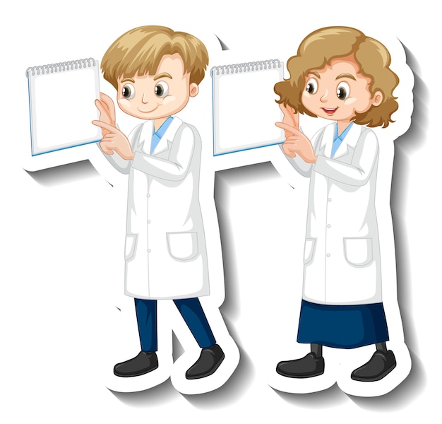 Kostenloser Vektor cartoon-charakter-aufkleber mit kindern im wissenschaftskleid