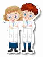 Kostenloser Vektor cartoon-charakter-aufkleber mit wissenschaftlerpaar im wissenschaftskleid