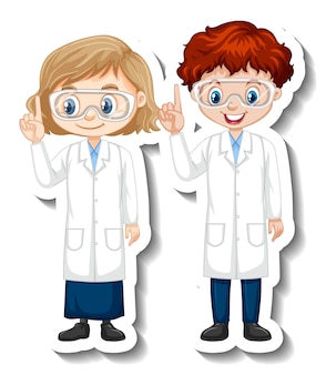 Cartoon-charakter-aufkleber mit wissenschaftlerpaar im wissenschaftskleid