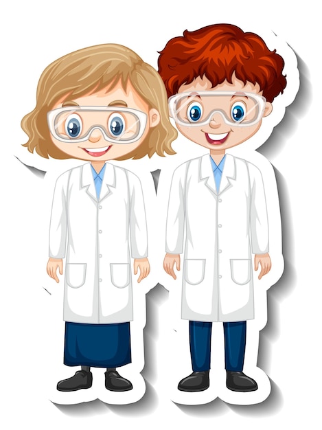 Cartoon-charakter-aufkleber mit wissenschaftlerpaar im wissenschaftskleid