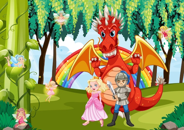 Cartoon-Drache und Ritter im Zauberwald