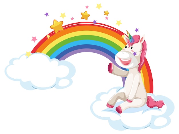 Kostenloser Vektor cartoon-einhorn, das auf einer wolke mit regenbogen sitzt