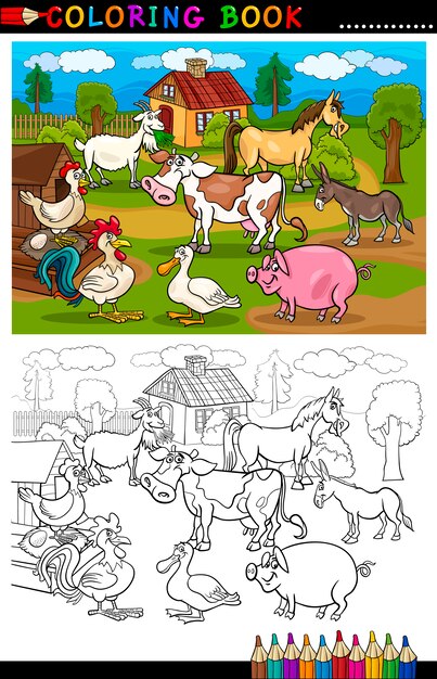 Cartoon Farm Und Nutztiere Zum Malen Premium Vektor