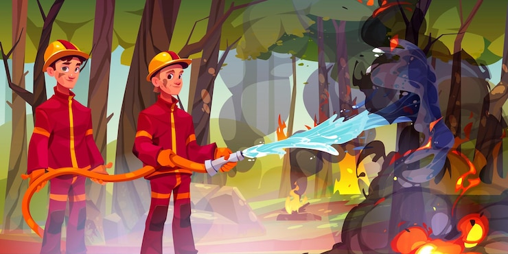 Kostenlose Vektor cartoon-feuerwehrleute löschen lauffeuer im wald