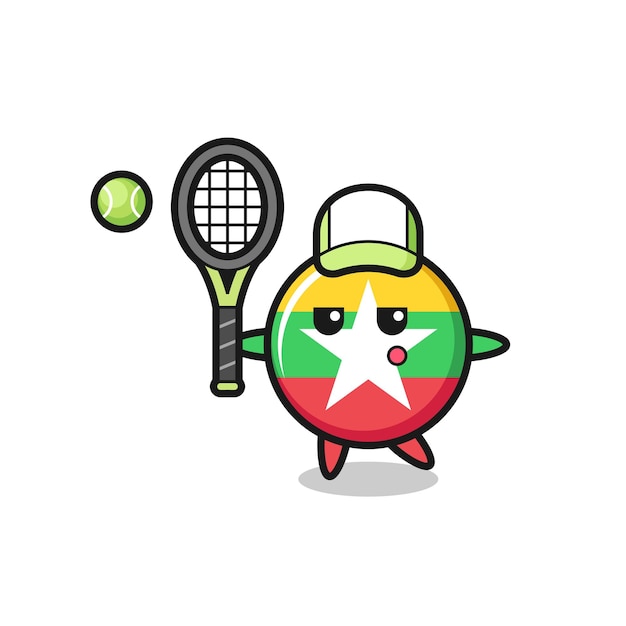 Cartoon-figur des flaggenabzeichens von myanmar als tennisspieler, süßes design Premium Vektoren