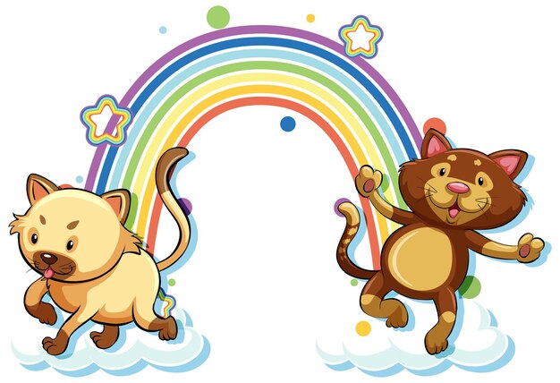 Cartoon-figur mit zwei katzen mit regenbogen