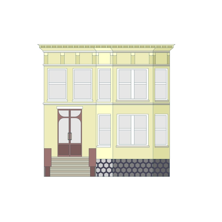 Kostenlose Vektor cartoon flache farbenfrohe gebäudefassade auf weißem hintergrund architektur-ikonen vorderseite des hauses vektor