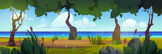 Cartoon-Fluss im Wald, Sommer-Vektorlandschaft, Seeufer mit ruhigem Wasser, schöne Natur und Pfad, Panorama-Spielort, Umgebung, Wildtiere am Flussufer, Küstenbereich mit Stein und Rasen