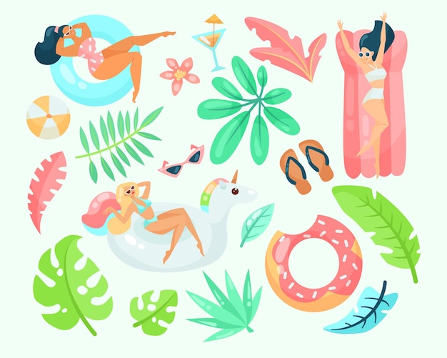 Cartoon-Frauen auf niedlichen aufblasbaren Ringen Vektorgrafiken gesetzt. Kritzeleien von Mädchen beim Sonnenbaden mit botanischen Aufklebern oder tropischen Dschungelblättern isoliert auf weißem Hintergrund. Sommer, Urlaubskonzept
