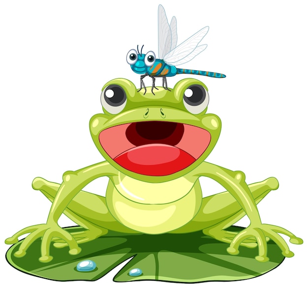 Cartoon-frosch auf lotusblatt mit libelle