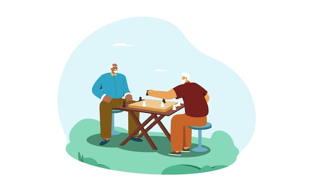 Cartoon glückliche ältere männer spielen schach im park