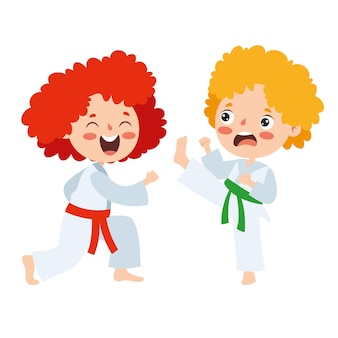 Cartoon-illustration eines kindes, das karate spielt