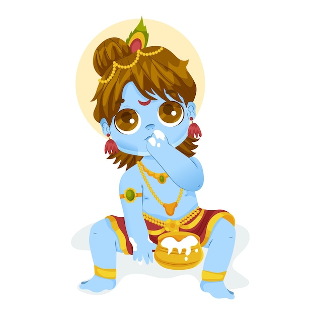 Kostenloser Vektor cartoon-illustration von baby krishna butter essen