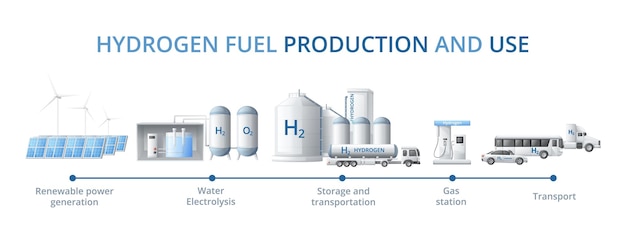 Kostenloser Vektor cartoon-infografiken zur erzeugung grüner wasserstoffenergie mit diagramm des elektrolysespeichertransports und erzeugungsprozessvektorillustration