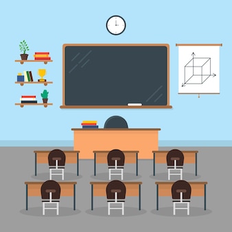 Cartoon interior classroom school oder universität mit möbelkonzept des wissens flat style design-elemente. vektor-illustration