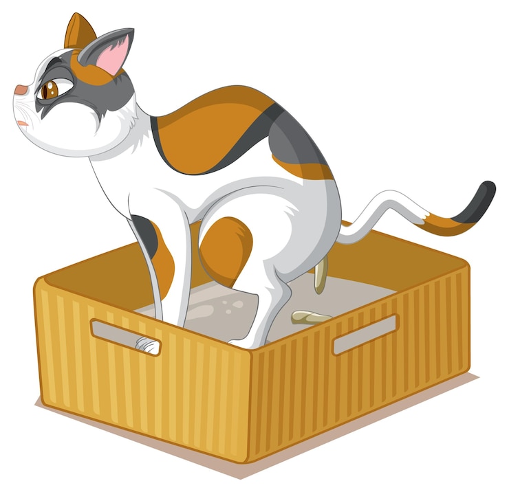 Kostenlose Vektor cartoon-katze, die auf sandkasten kackt