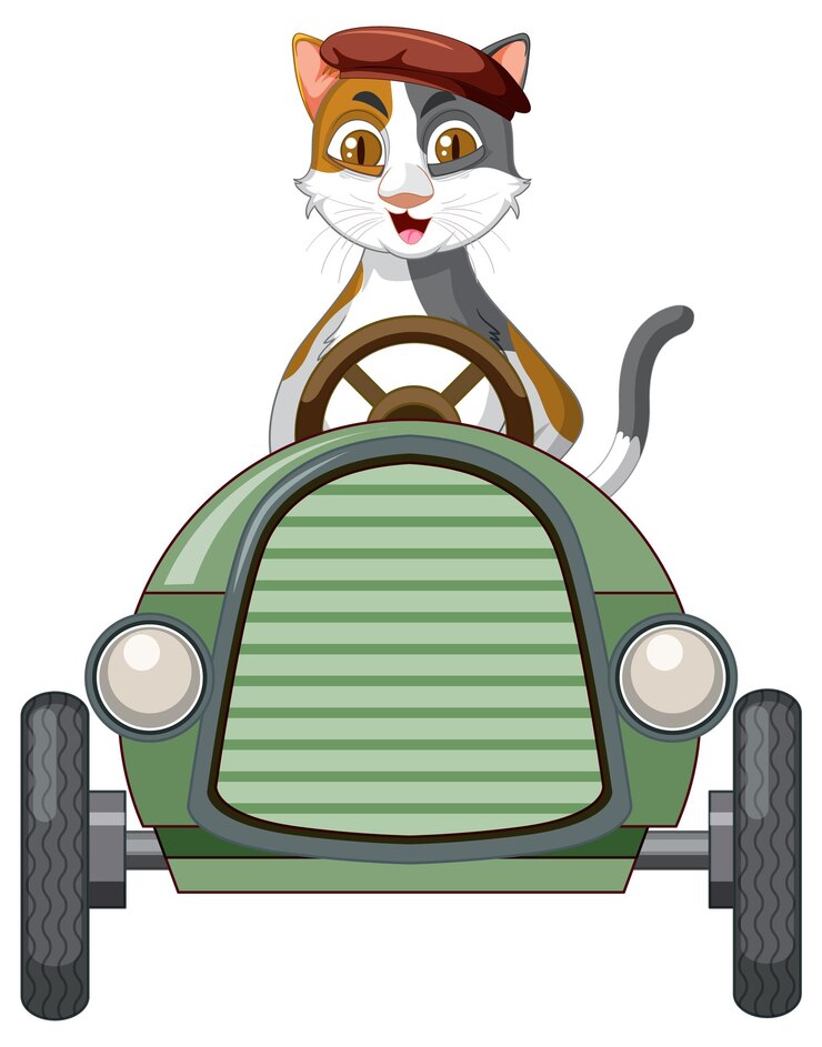 Kostenlose Vektor cartoon-katze und seifenkisten-derby-auto