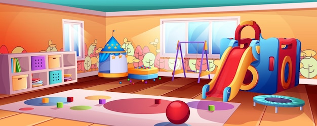 Cartoon-Kinderspielzimmer mit Rutsche, Schaukel und Trampolin