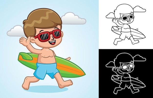 Cartoon kleiner junge mit brille mit surfbrett