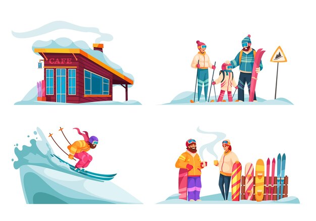 Cartoon-Kompositionen des alpinen Winterskigebiets 4 mit Ausrüstungsverleih-Skifahren-Familie auf Hangvektorillustration