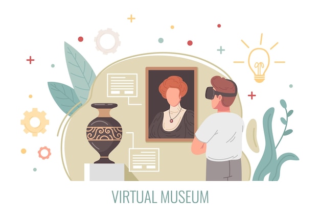 Cartoon-konzept des virtual-reality-museums mit mann, der eine ausstellungstour in der cyberspace-vektorillustration hat