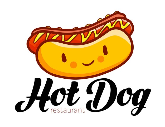 Cartoon lustige kawaii logo-vorlage für hotdog restaurant, geschäft oder firma