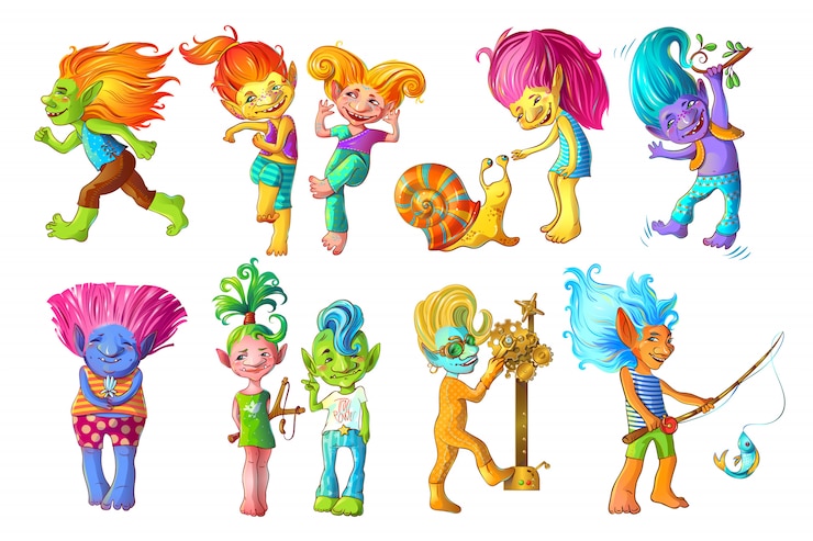 Kostenlose Vektor cartoon lustige troll charaktere set