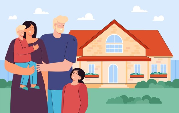 Cartoon-Mutter und Vater mit Kindern vor dem Haus. Bild des glücklichen Zuhauses, Leute, die außerhalb der flachen Vektorillustration stehen. Familie, Liebe, Immobilienkonzept für Banner oder Landing-Webseite