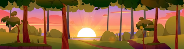 Kostenloser Vektor cartoon natur landschaft sommerabend wald