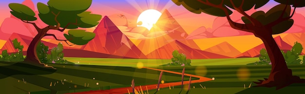 Kostenloser Vektor cartoon natur landschaft sonnenuntergang hintergrund