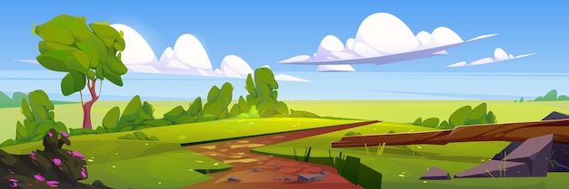 Kostenloser Vektor cartoon naturlandschaft ländlichen schotterweg feld