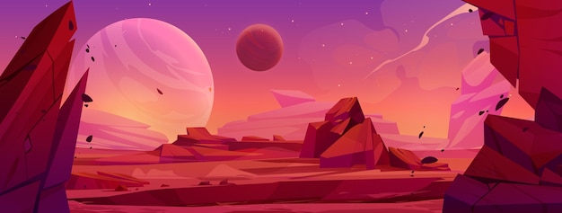 Cartoon-Oberfläche eines außerirdischen Planeten mit roten Steinen. Vektorillustration einer felsigen Landschaft, Mondsterne und Satelliten im unbewohnten Weltraumgebiet des Nachthimmels mit rissigem Hintergrund für ein kosmisches Abenteuerspiel
