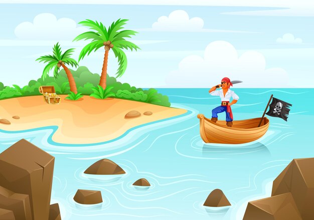 Cartoon-Pirat segelt auf einem Boot an der Insel vorbei, auf der sich eine Schatztruhe-Illustration befindet