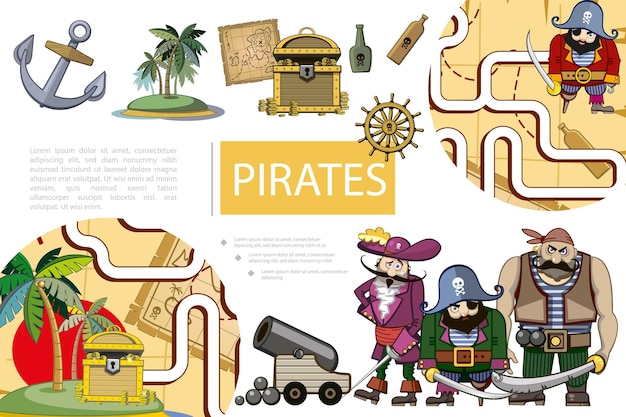 Cartoon Piraten Abenteuer Komposition mit Schiff Anker Insel Karte Schatzkiste Flaschen Rum Lenkrad Kanone Piraten Charaktere und Spiel Labyrinth Illustration