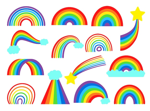 Cartoon-regenbogen-sammlungssatz. bunte regenbögen, sterne und wolken mit regenbogenfarbenschwanz. handgezeichneter farbbogen-illustrationssatz. cartoon-regenbogen-gekritzel, grafische bunte sammlung