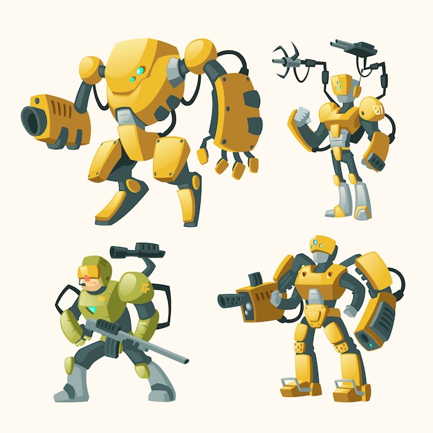 Cartoon-Set mit Androiden, menschliche Soldaten in Roboter-Exoskeletten mit Waffen
