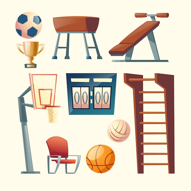 Cartoon-set von fitnessgeräten für die schule, hochschule. basketball, volleyballwettbewerbselemente